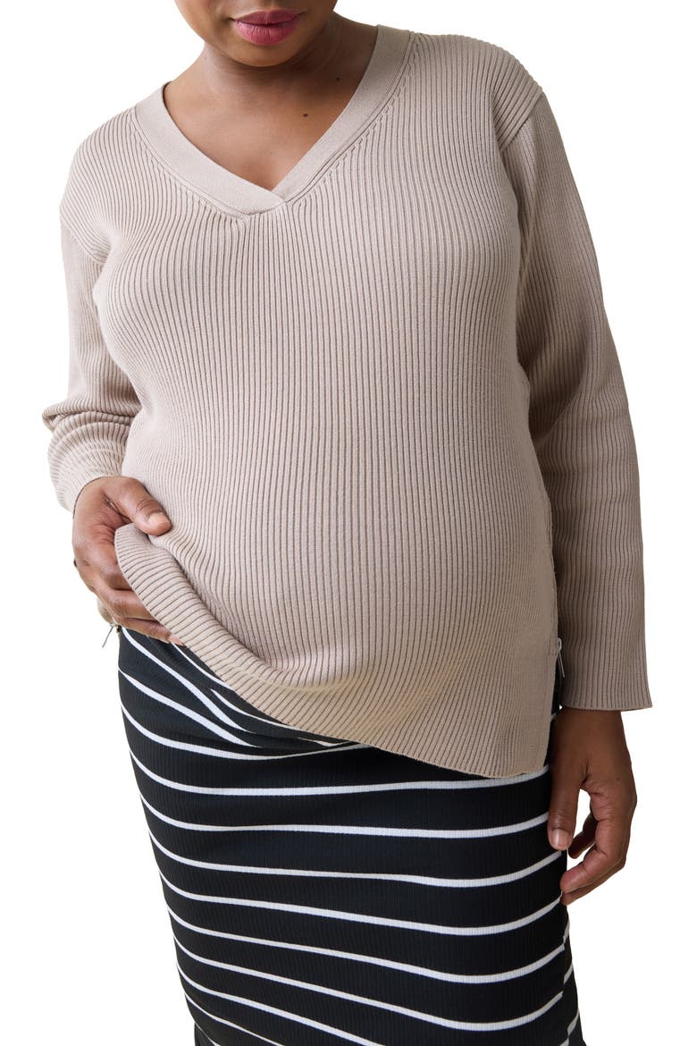 Side Zip Rib Maternity/Nursing Sweater, Alternate, color, BEIGE