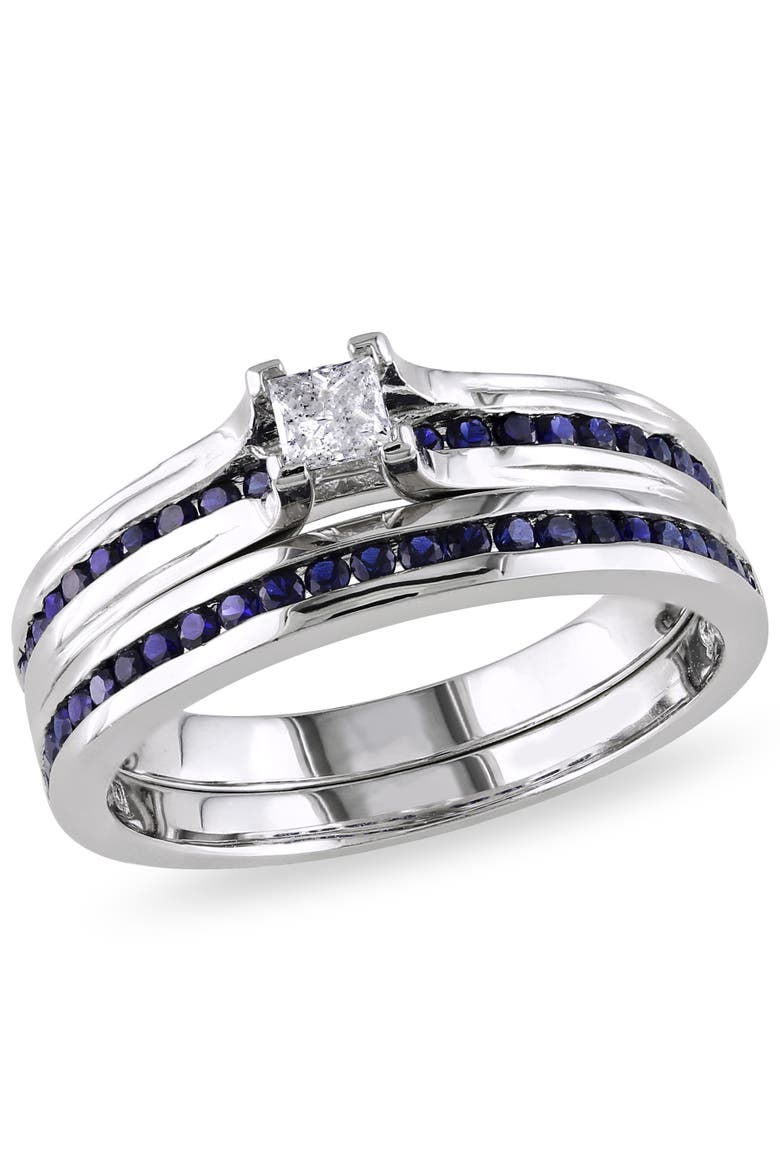 Created Blue Sapphire & Diamond Bridal Ring Set, Main, color, Sterling Silver