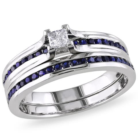 Created Blue Sapphire & Diamond Bridal Ring Set