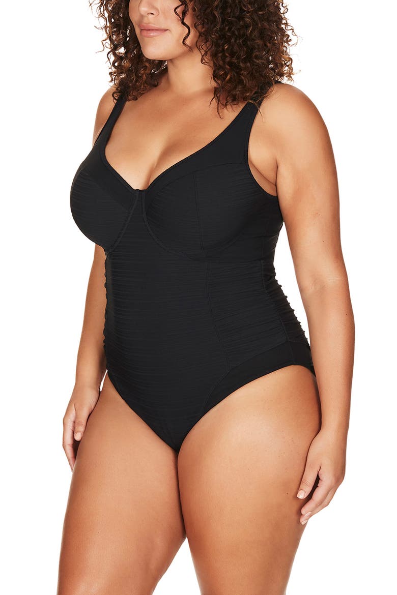 Aria Giotto D-, DD- & E-Cup Ruched One-Piece Swimsuit, Alternate, color, BLACK