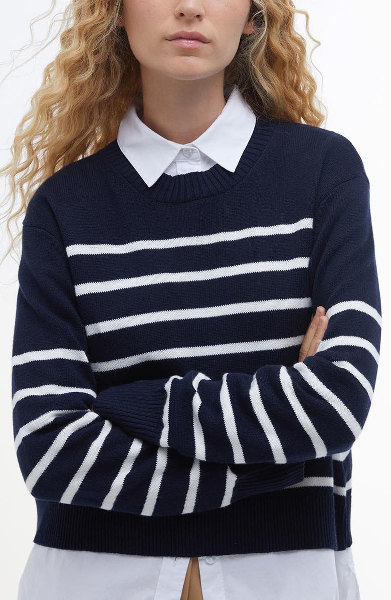 Barbour Emery Stripe Crop Cotton & Cashmere Sweater, Alternate, color, Navy/ Cloud