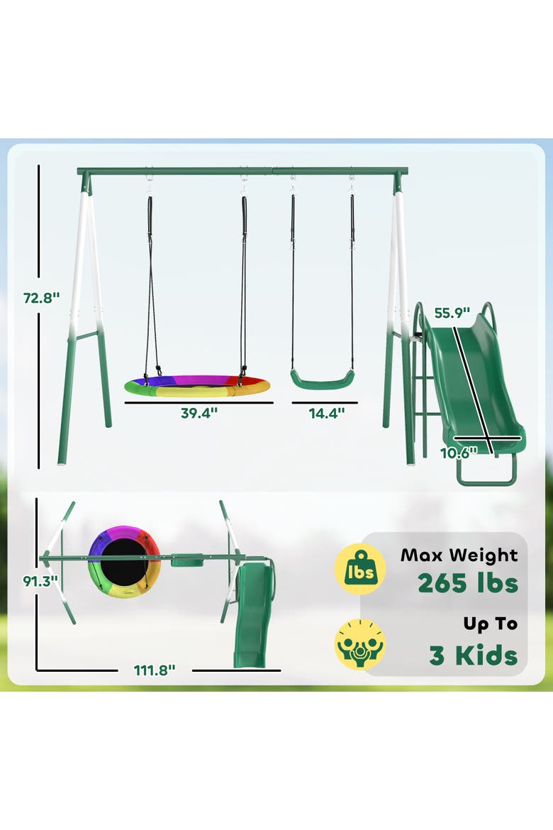Metal Swing Set with Slide, Saucer Swing Seat, A-Frame Stand, Kids Ages 3-8, Alternate, color, Dark Green