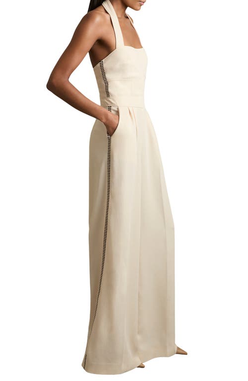 Reiss Womens Viola Embroidered Halterneck Wide-leg Woven Jumpsuit Cream In Cream