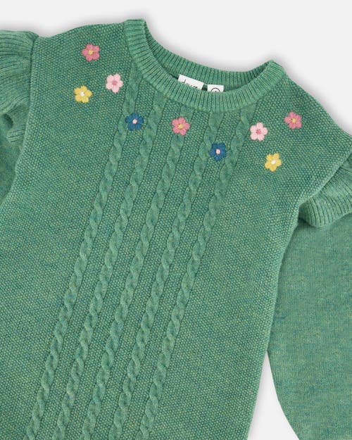 Deux Par Deux Knitted Dress With Ruffles And Floral Embroidery In Green