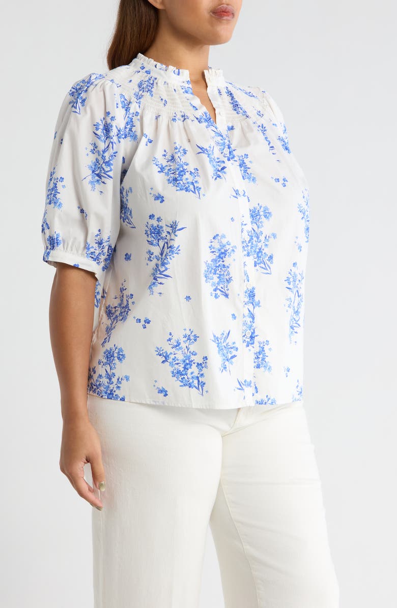 SUGARLIPS Bestia Floral Smocked Yoke Button-Up Top, Alternate, color, Cream-Blue