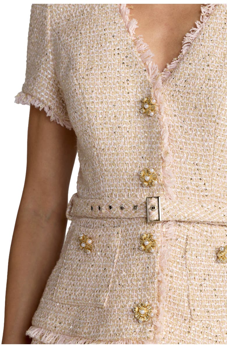 Mac Duggal Buttoned Bouclé Pleated Midi Dress, Alternate, color, Blush
