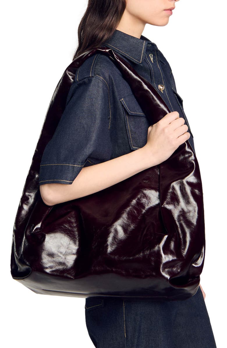 SANDRO Large shiny leather bag, Alternate, color,