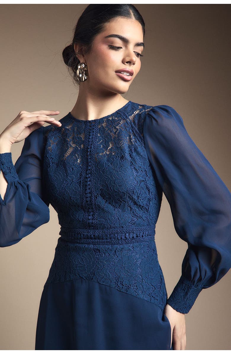 Wallis Lace Insert Chiffon Midi Dress, Alternate, color, Navy