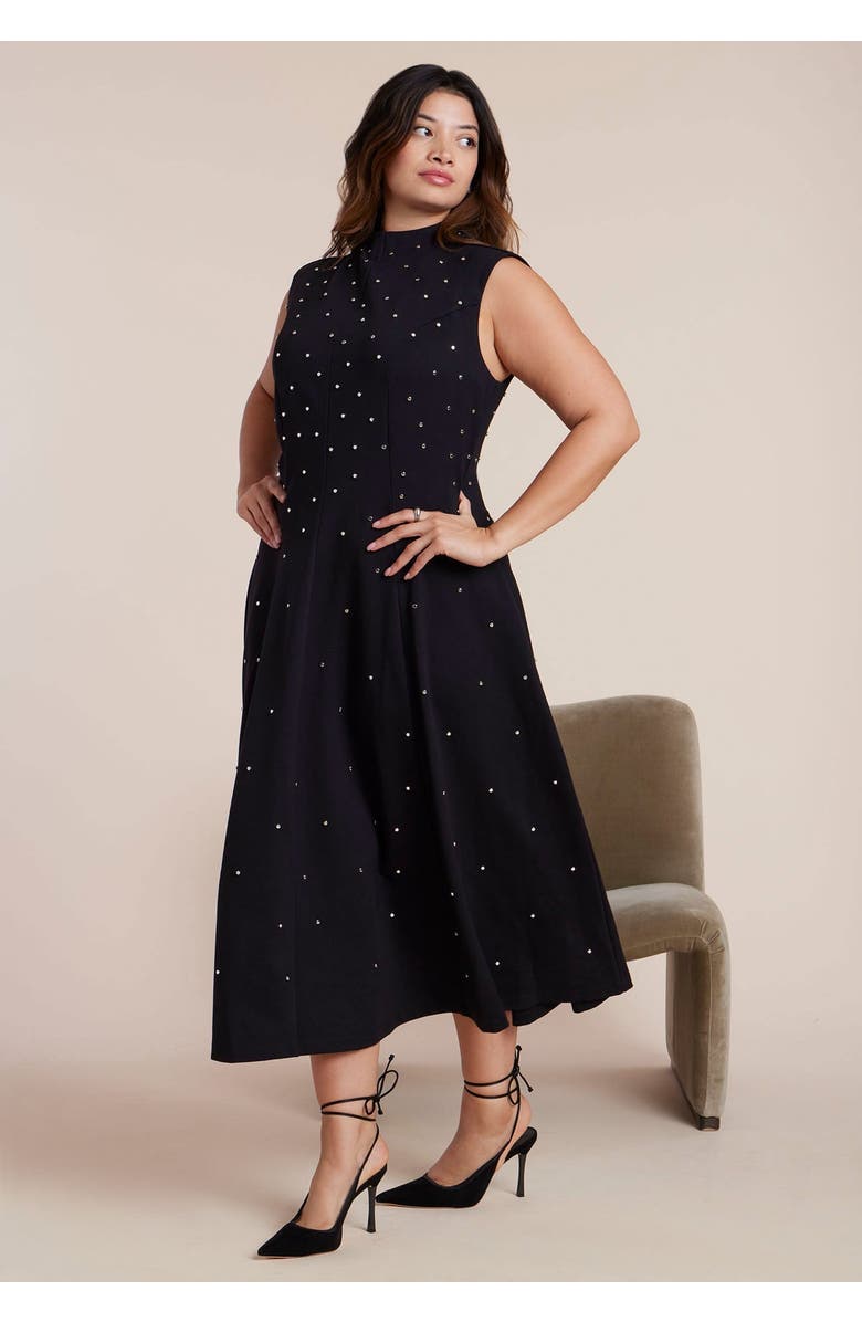 ELOQUII Stud Detail Ponte Midi Dress, Main, color, Black Onyx