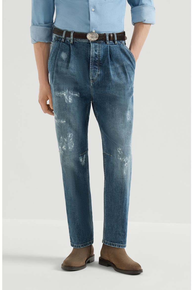 Comfort cotton denim iconic fit five-pocket trousers with double pleats and rips, Main, color, Medium Denim