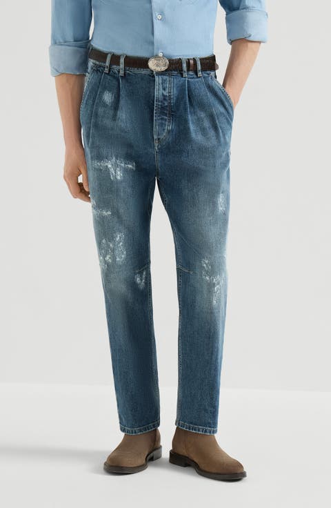 Comfort cotton denim iconic fit five-pocket trousers with double pleats and rips