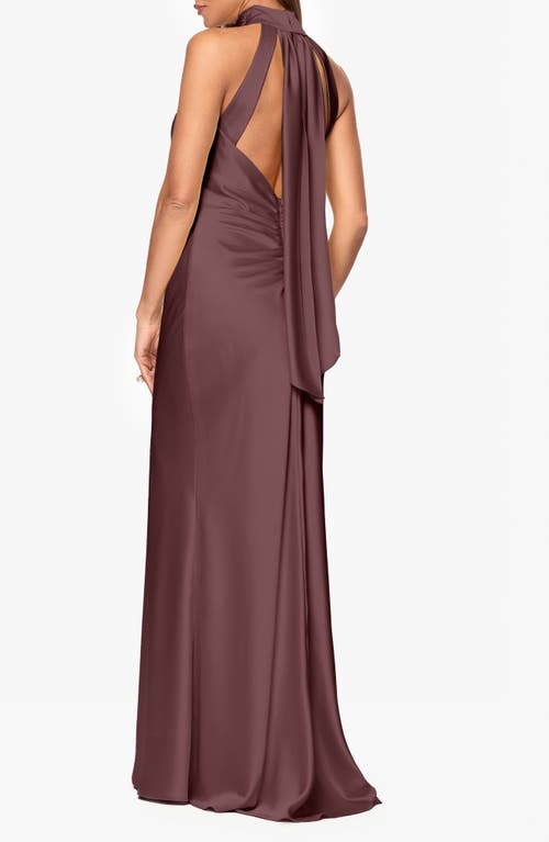 Xscape Evenings Halter Neck Satin Sheath Gown In Brown