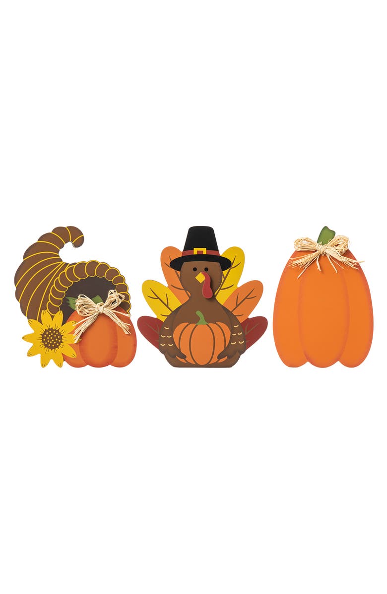 Glitzhome Set of 3 Thanksgiving Wooden Pumpkin Turkey Table Decor, Alternate, color, 