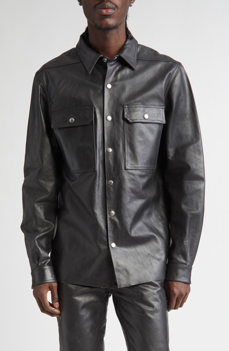 Rick Owens Leather Shirt Jacket, Main, color, Black