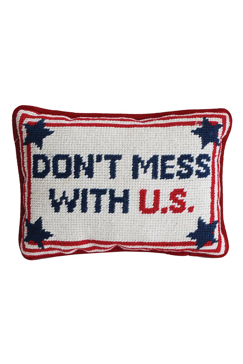 Patriotic "Don't Mess With U.S." Needlepoint Mini Accent Pillow, 6.5" x 9", Main, color, Blue