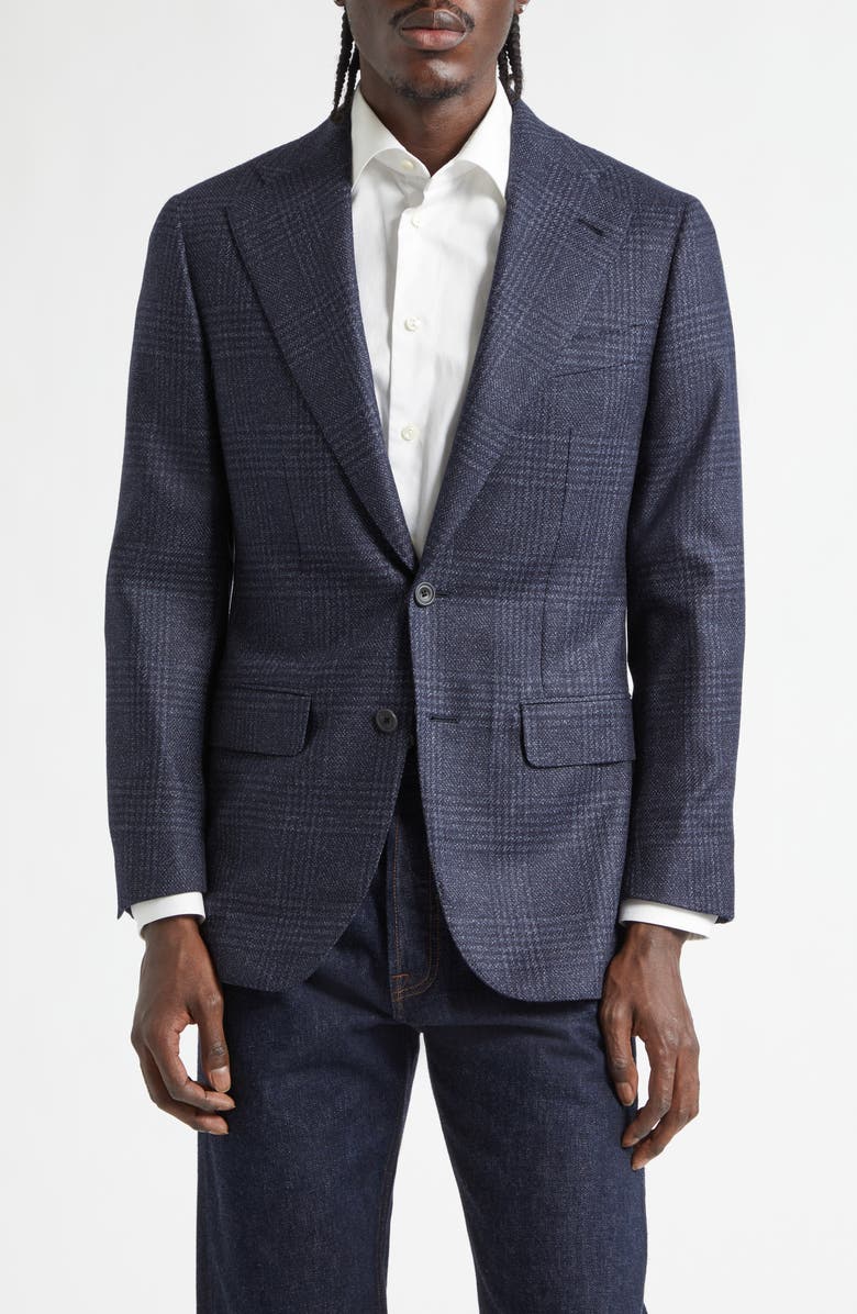 Thom Sweeney Structured Single Breasted Plaid Wool & Silk Sport Coat, Main, color, 158/ 6 - Navy Pow