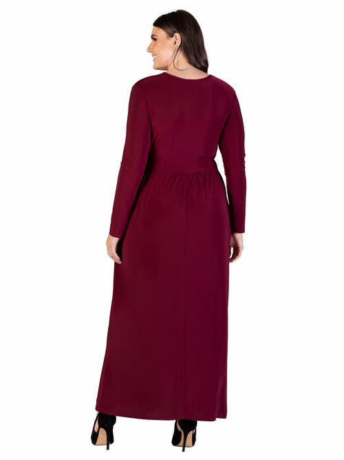 24seven Comfort Apparel Plus Size Long Sleeve V Neck Side Slit Maxi Dress In Burgundy