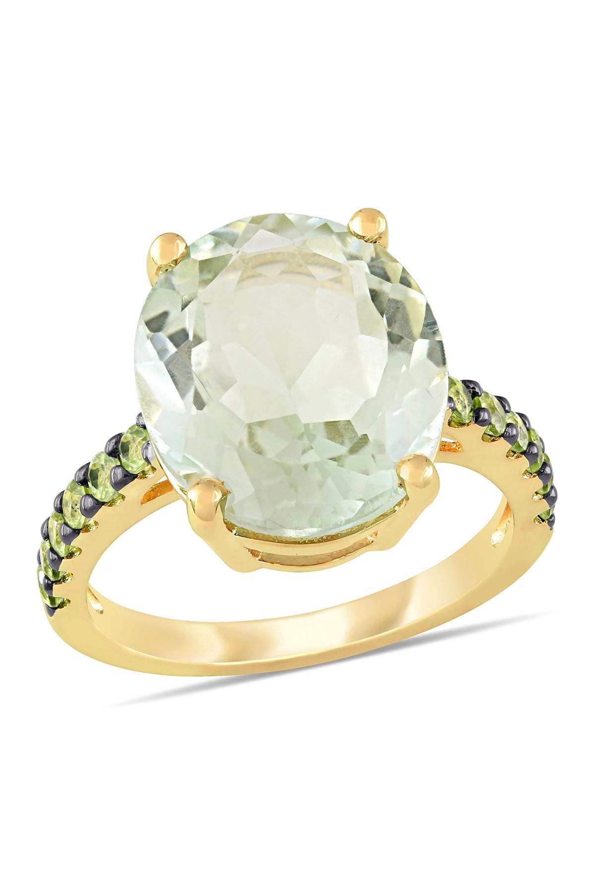 DELMAR Yellow Gold Plated Sterling Silver Green Prasiolite Pavé Peridot Ring