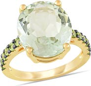 DELMAR Yellow Gold Plated Sterling Silver Green Prasiolite Pavé Peridot Ring