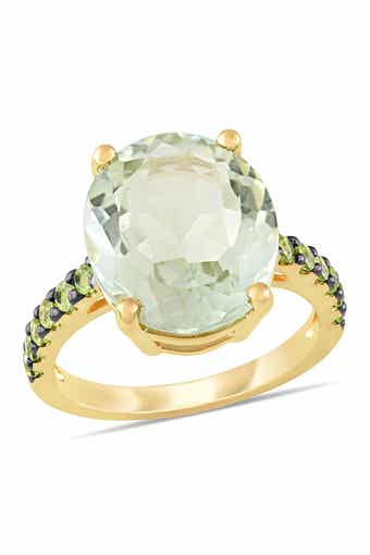 DELMAR Yellow Gold Plated Sterling Silver Green Prasiolite Pavé Peridot Ring