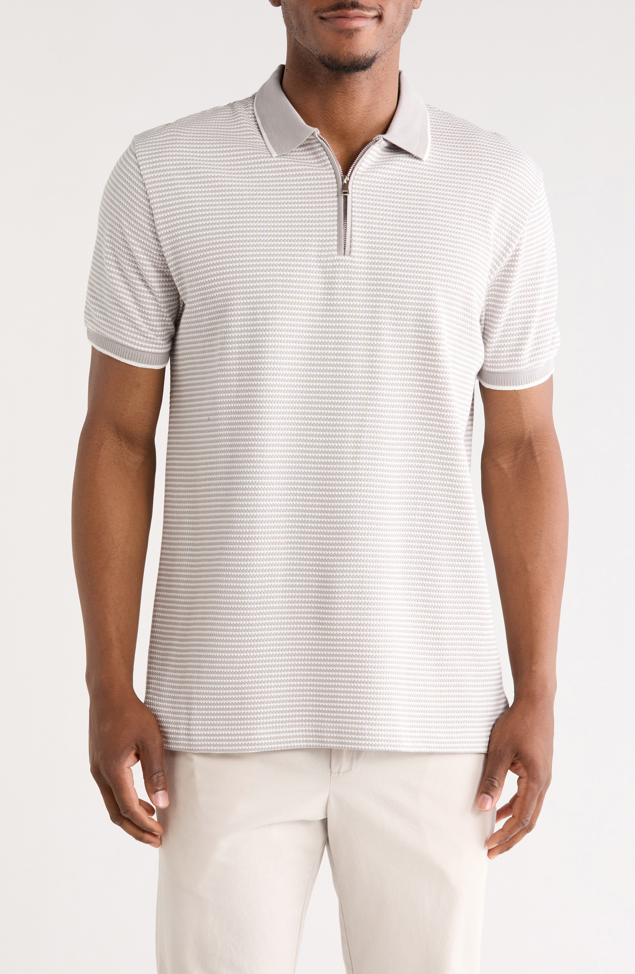 DENIM AND FLOWER Stripe Cotton Blend Quarter Zip Polo