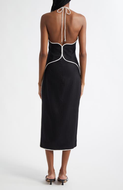 Farm Rio Contrast Detail Center Cutout Linen Blend Midi Dress In Black And White