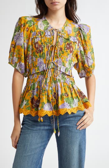 Farm Rio Floral Tie Front Top In Capri Floral Yellow