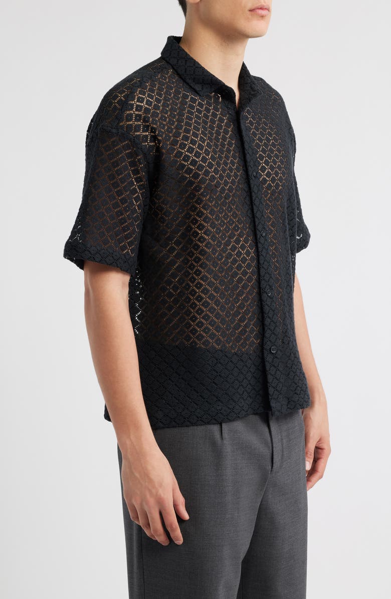 Open Edit Oversize Texture Short Sleeve Button-Up Shirt, Alternate, color, Black Caviar