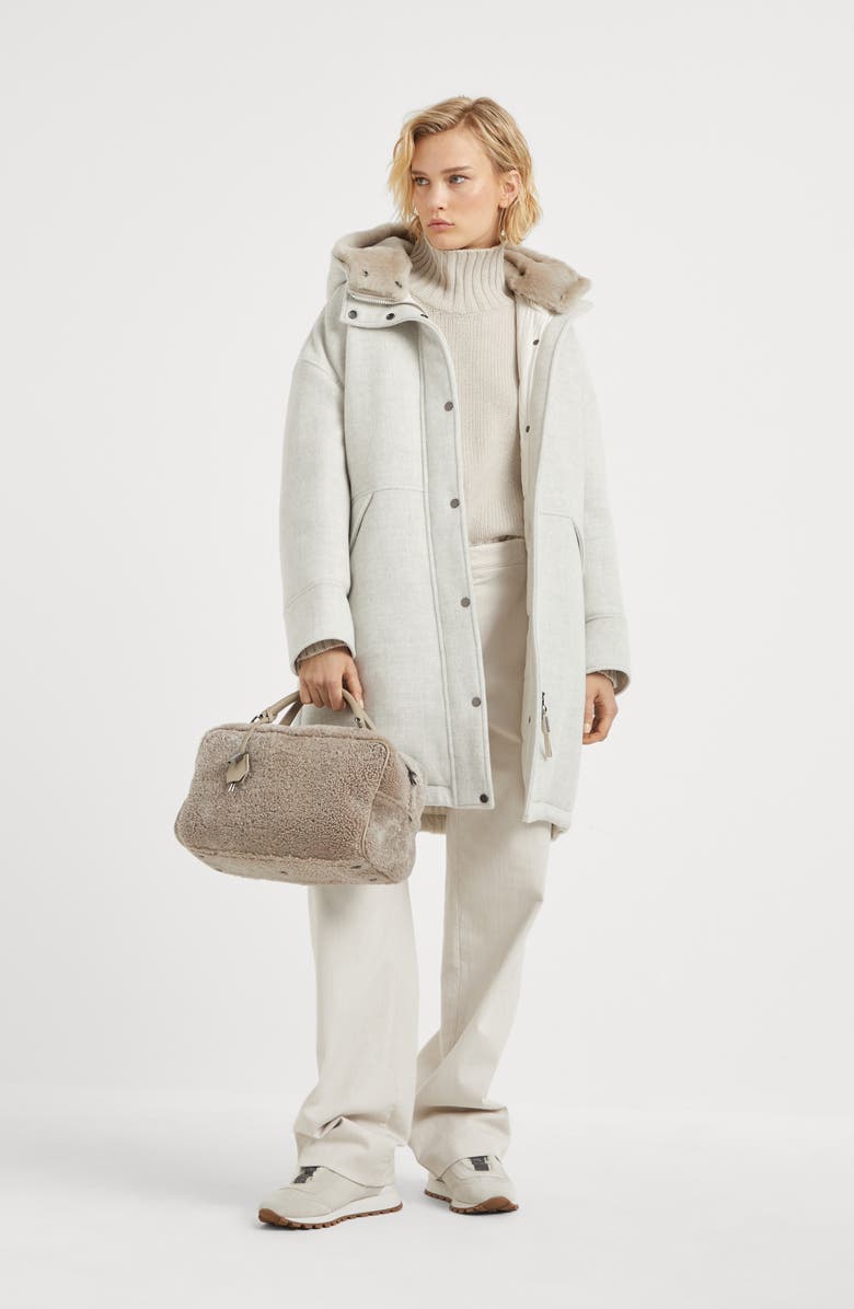 Brunello Cucinelli Virgin wool and cashmere double cloth down parka with detachable shearling insert and shiny zipper pull, Alternate, color, 