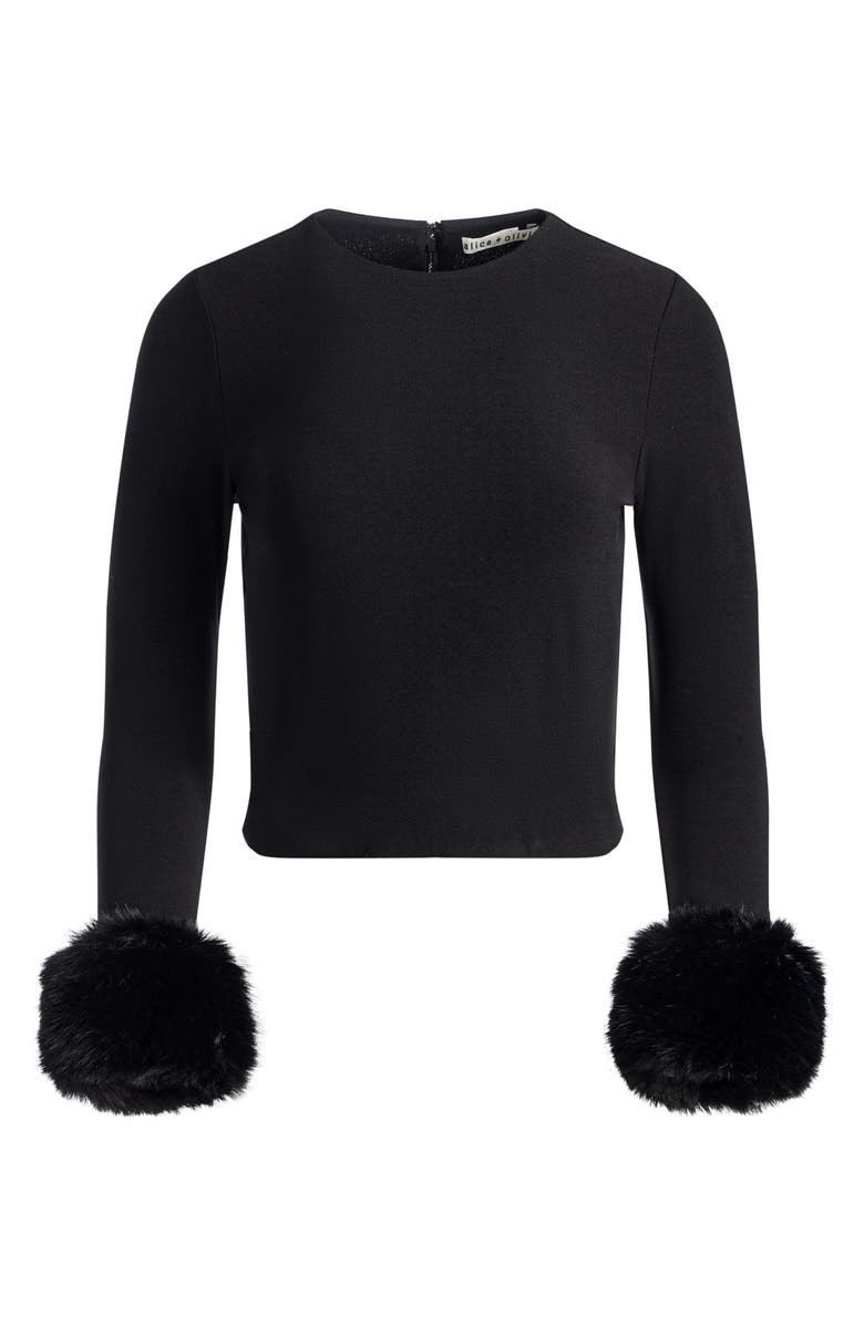 Alice + Olivia Delaina Jersey Crop Top with Removable Faux Fur Cuffs, Alternate, color, 