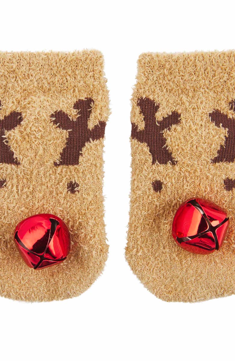 Mud Pie Reindeer Rattle Toes Chenille Socks, Main, color, Brown