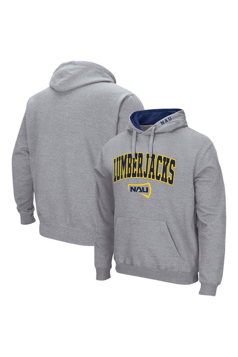 Men's Colosseum Heathered Gray Northern Arizona Lumberjacks Arch and Logo Pullover Hoodie, Main, color, Heather Gray