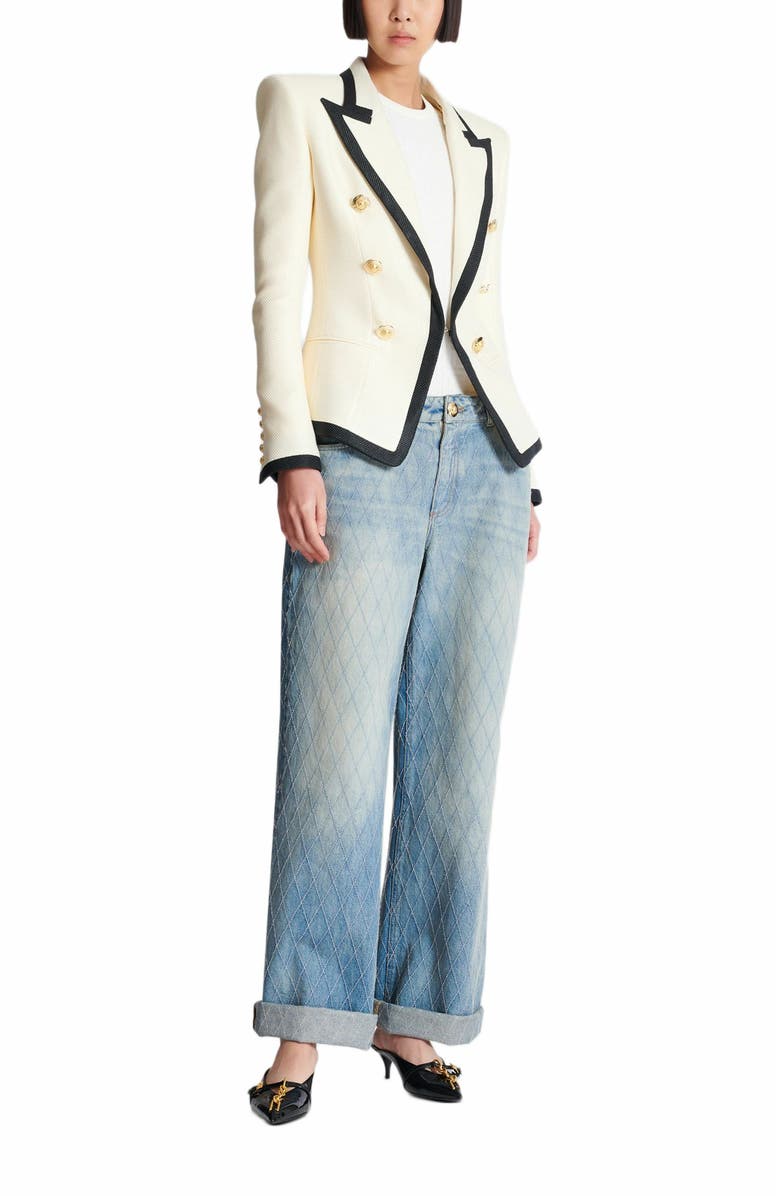 Balmain Fitted Two-Tone Basketweave Jacket, Main, color, Beige