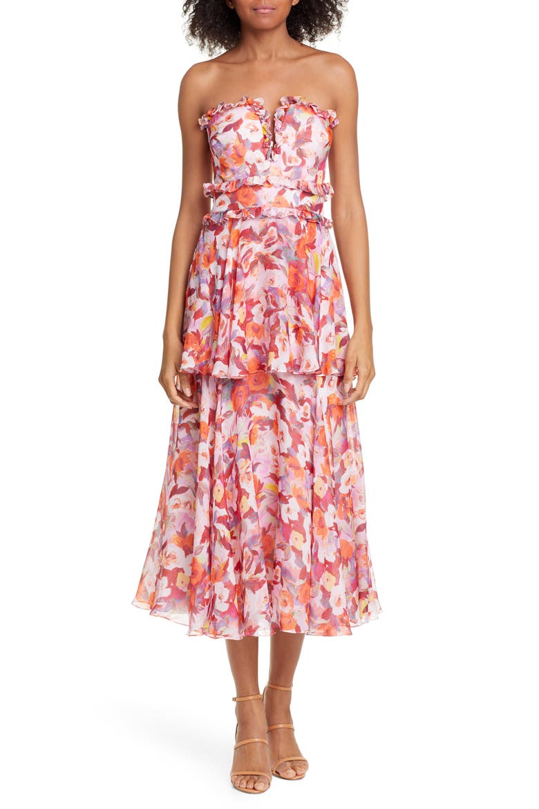 Darla Floral Print Silk Midi Dress, Main, color, RUST