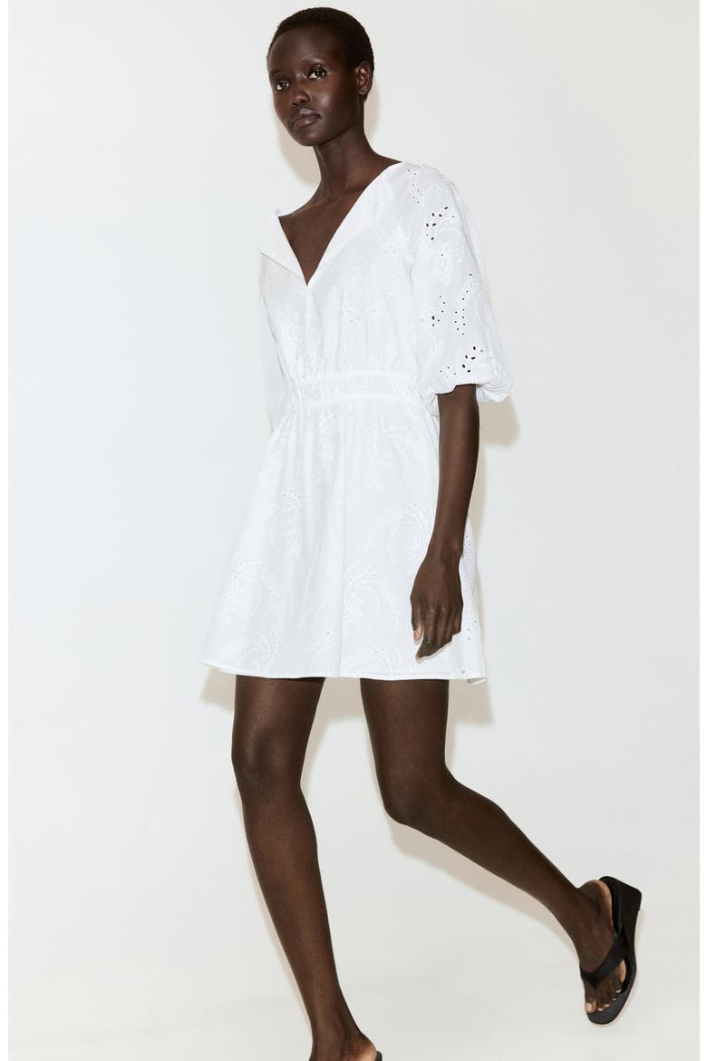 Floral Embroidered Cotton Minidress, Alternate, color, WHITE