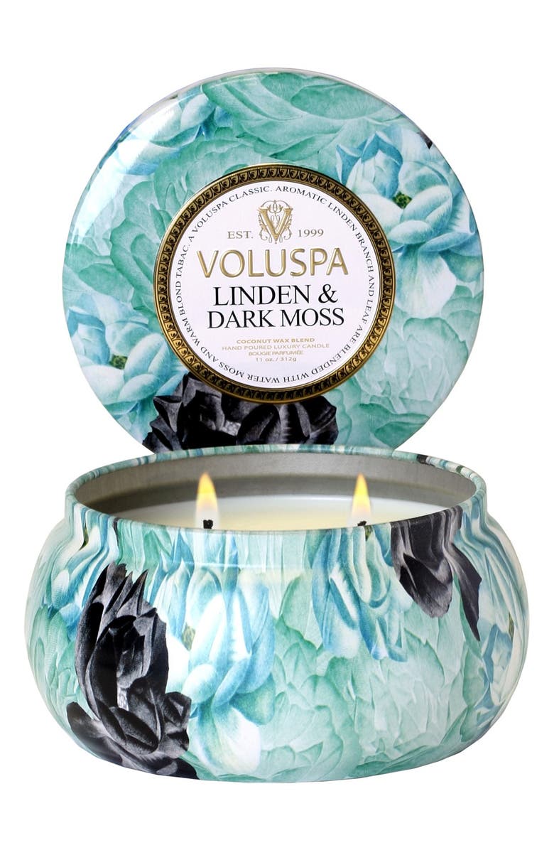 Voluspa Maison Jardin Linden & Dark Moss Maison Metallo Two-Wick Candle, Main, color, 