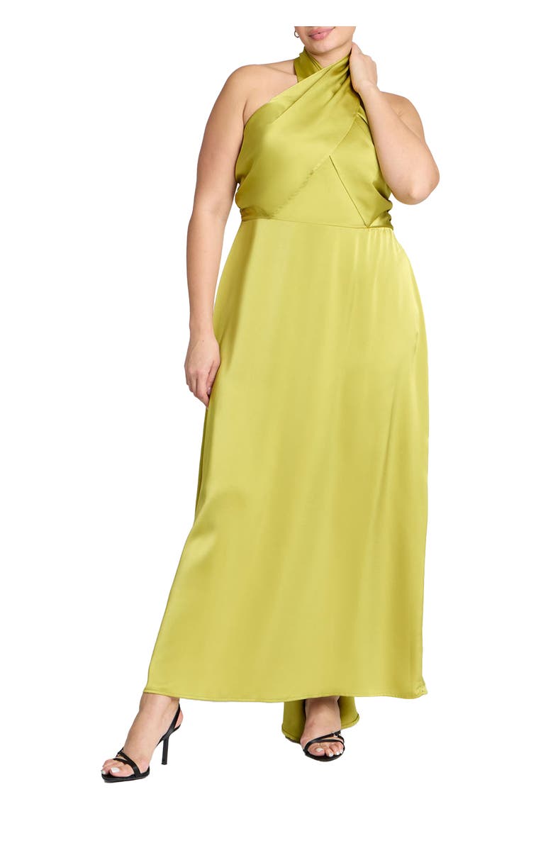 ELOQUII Halter Neck Satin Maxi Dress, Main, color, Warm Olive