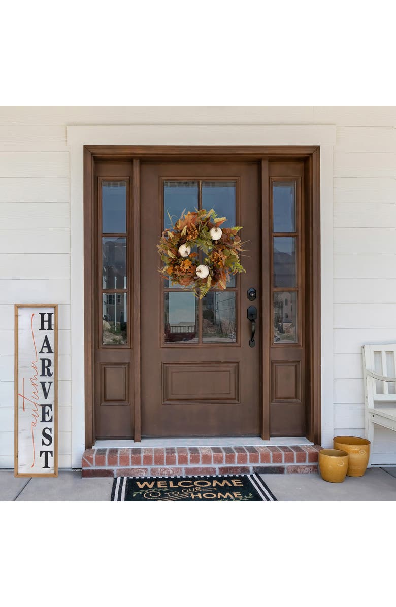 Northlight Velvet Pumpkins, Acorns and Mixed Autumn Foliage Artificial Fall Harvest Wreath - 26", Alternate, color, Green