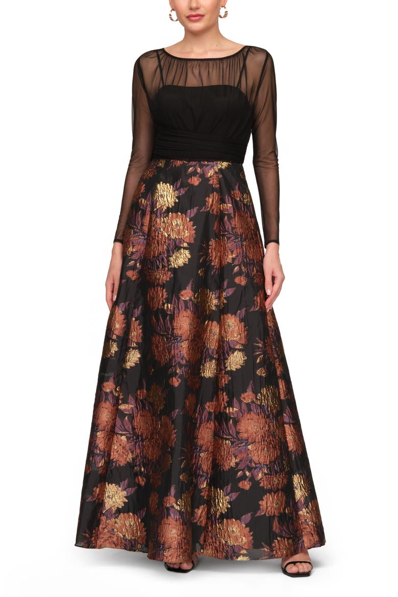 Yuna Long Sleeve Mixed Media Metallic Floral Jacquard Gown, Main, color, BLACK MULTI