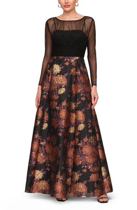 Yuna Long Sleeve Mixed Media Metallic Floral Jacquard Gown