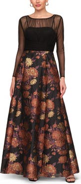 JS Collections Yuna Long Sleeve Mixed Media Metallic Floral Jacquard Gown