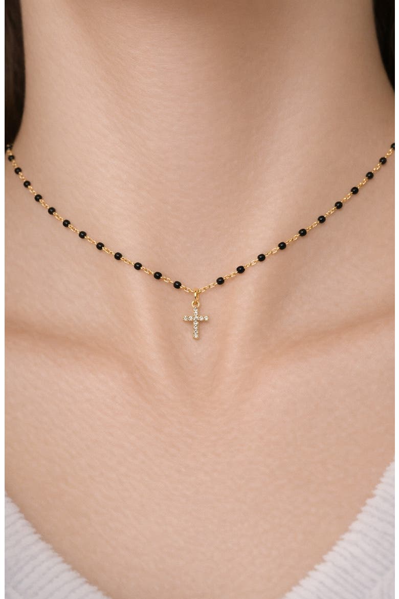 Black Enamel Pavé Cross Pendant Necklace, Alternate, color, GOLD