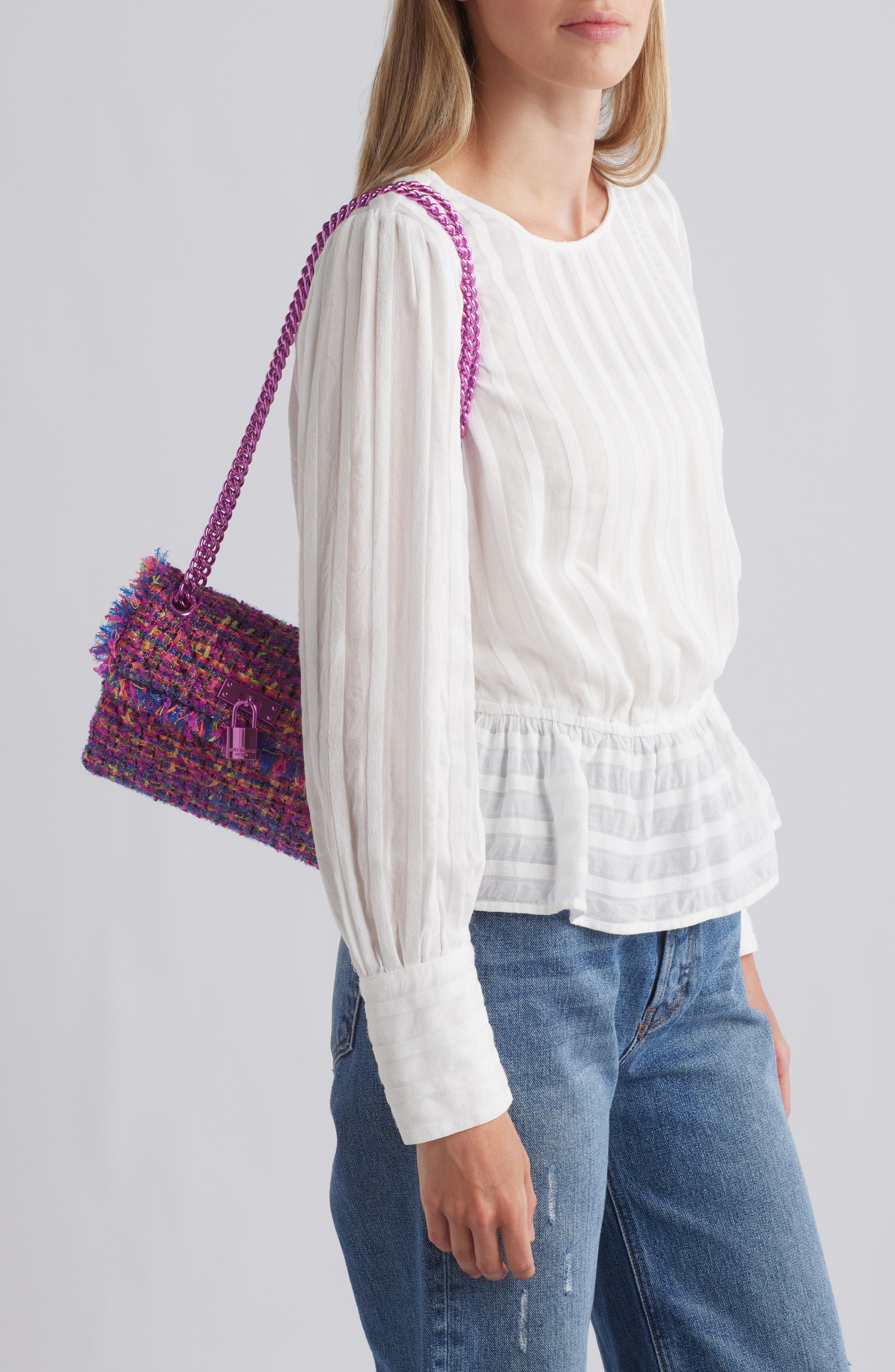 Kurt Geiger London Tweed Mini Bixton Shoulder Bag, Alternate, color, Fushia Cmb