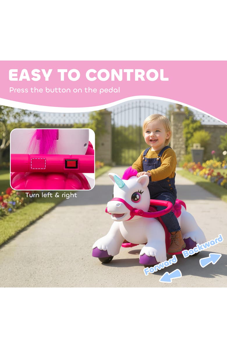 Qaba 12V Ride on Horse Battery Powered Ride on Unicorn Toy with Carrot Toy Comb Animal Sounds for Girls Boys Aged Years Old, Alternate, color, White