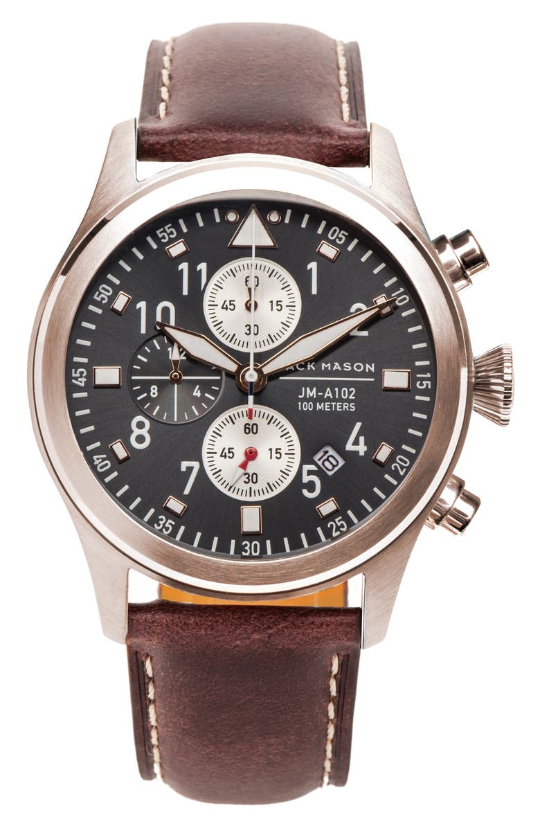 Jack Mason Aviation Chronograph Leather Strap Watch, 42mm, Main, color, 