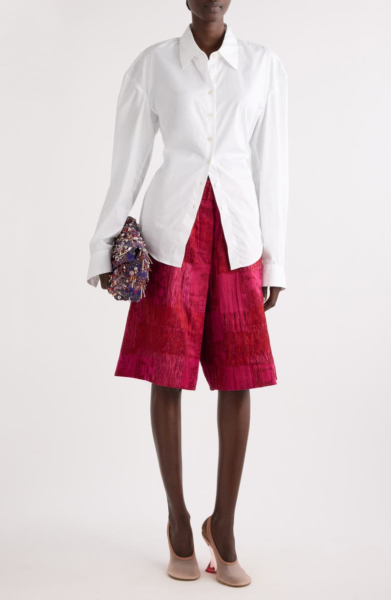 Dries Van Noten Pleated Belted Cotton Button-Up Shirt, Alternate, color, White