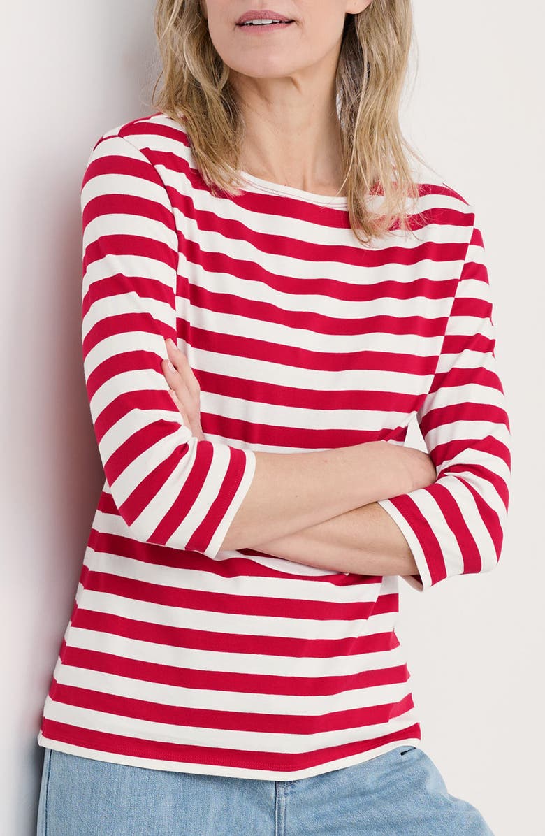 Seasalt Cornwall Sailor Stripe Three Quarter Sleeve Organic Cotton T-Shirt, Main, color, Scallion Scarlet