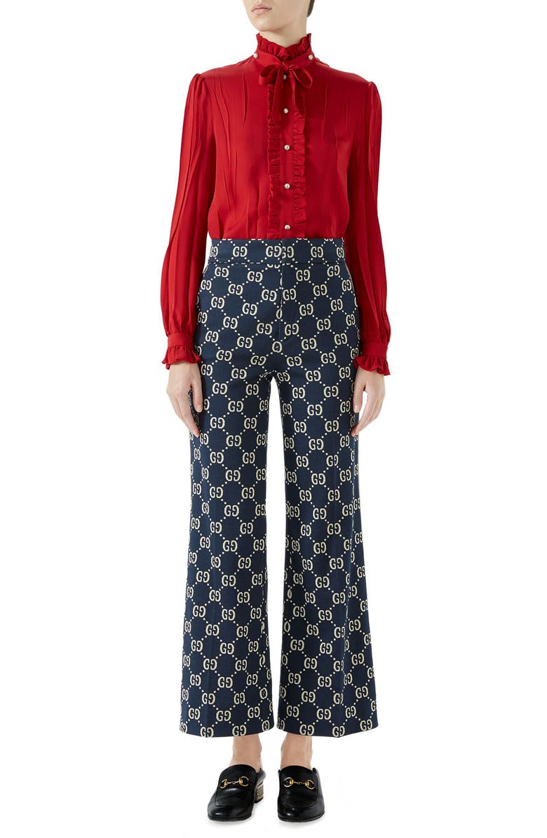 Gucci Tie Neck Ruffle Detail Silk Blouse, Alternate, color, 