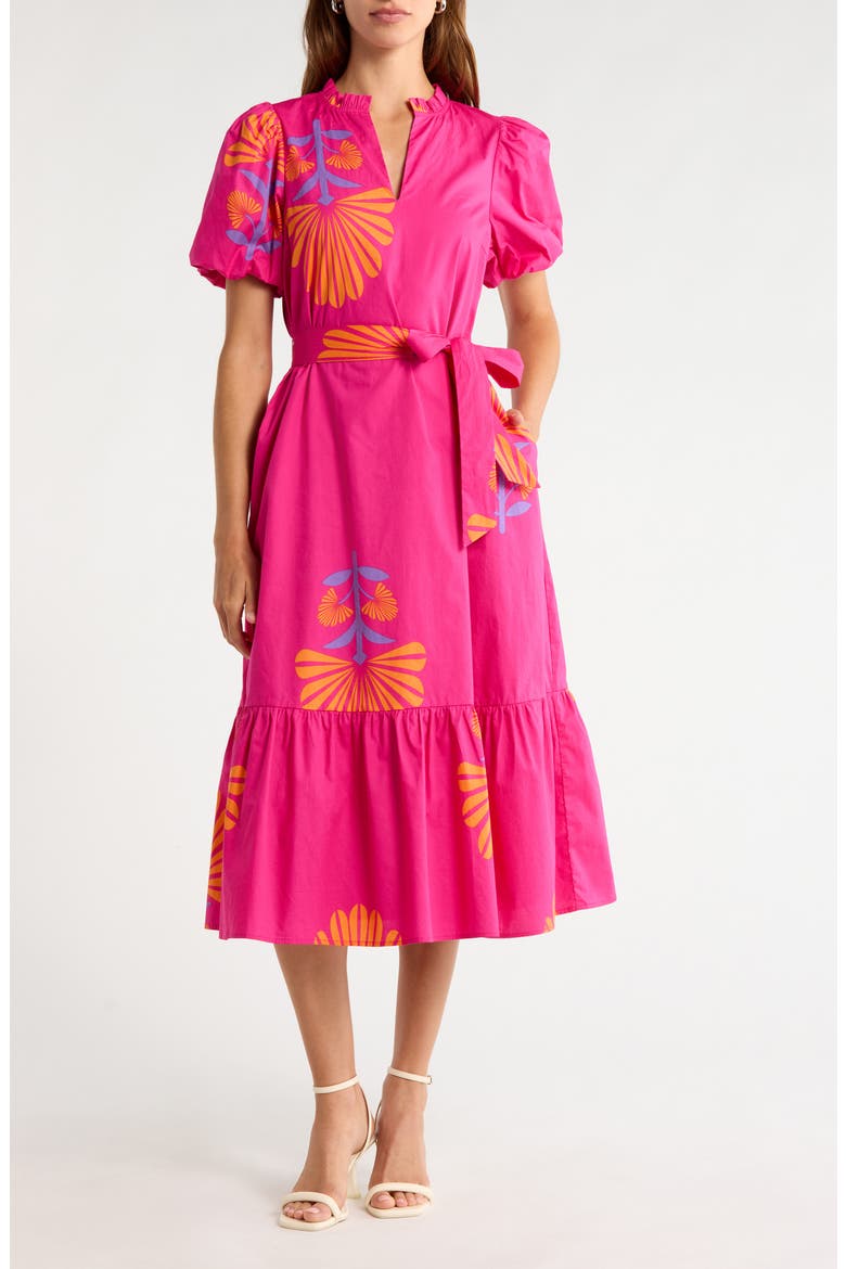Melian Placed Floral Tiered Cotton Midi Dress, Main, color, FUCHSIA-ORANGE