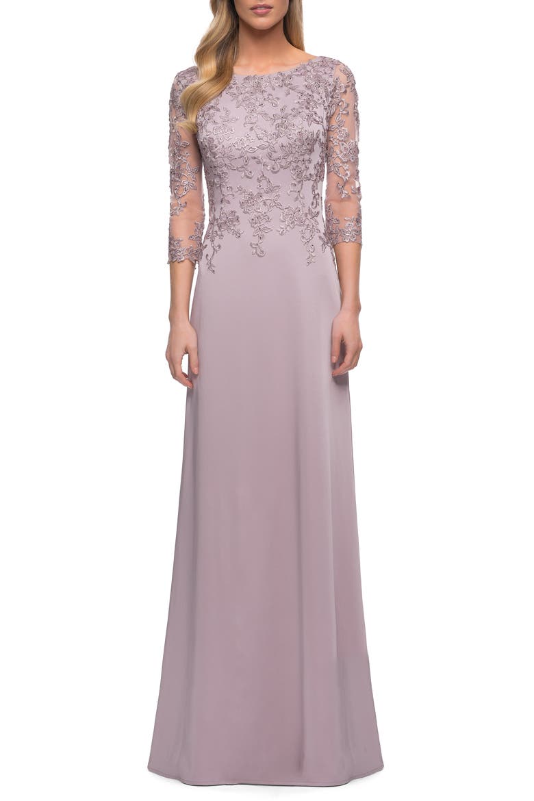 Floral Appliqué Jersey Column Gown, Main, color, LIGHT MAUVE